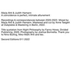 Marja Ahti & Judith Hamann // A coincidence is perfect, intimate attunement LP